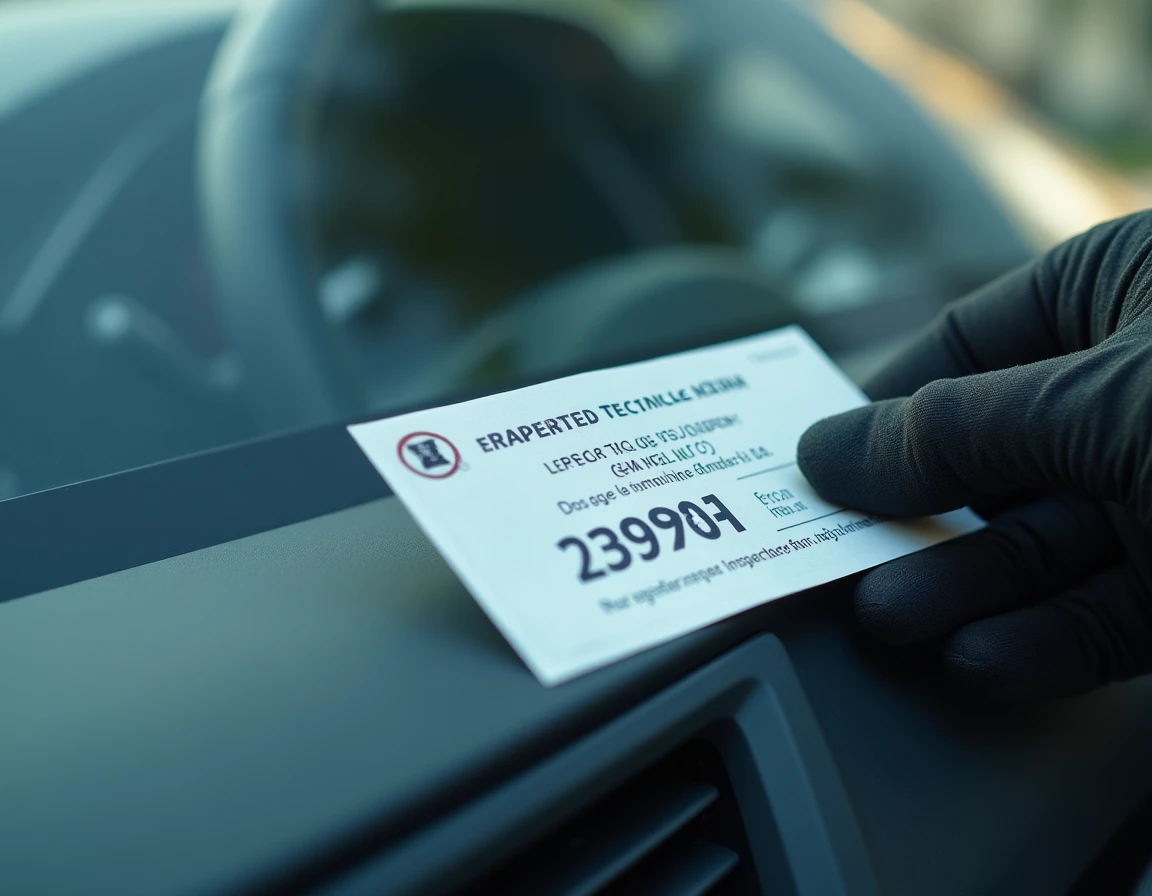 Gros plan sur le sticker de contrôle technique apposé sur le pare-brise d'une voiture lors d'un contrôle de police