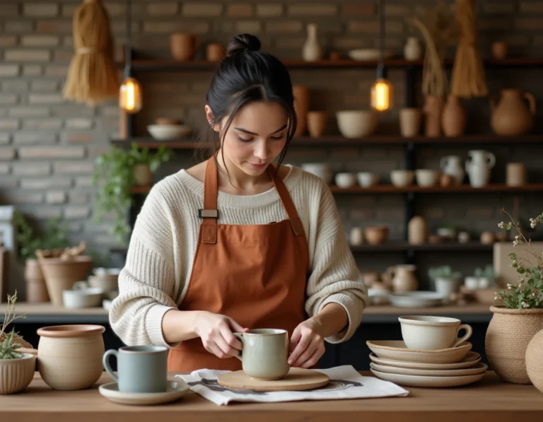 Femme artisane arrangeant des céramiques faites main et des paniers tressés sur une table en bois dans un atelier artisanal chaleureux