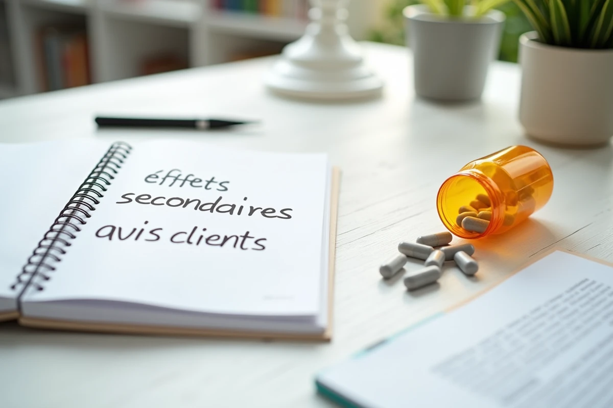 Vue en plongée d'un bureau avec notes manuscrites sur les effets secondaires et danger des compléments alimentaires Dietplus