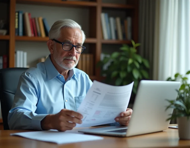 Homme senior calculant son solde de tout compte avant départ à la retraite sur un bureau en bois avec documents financiers