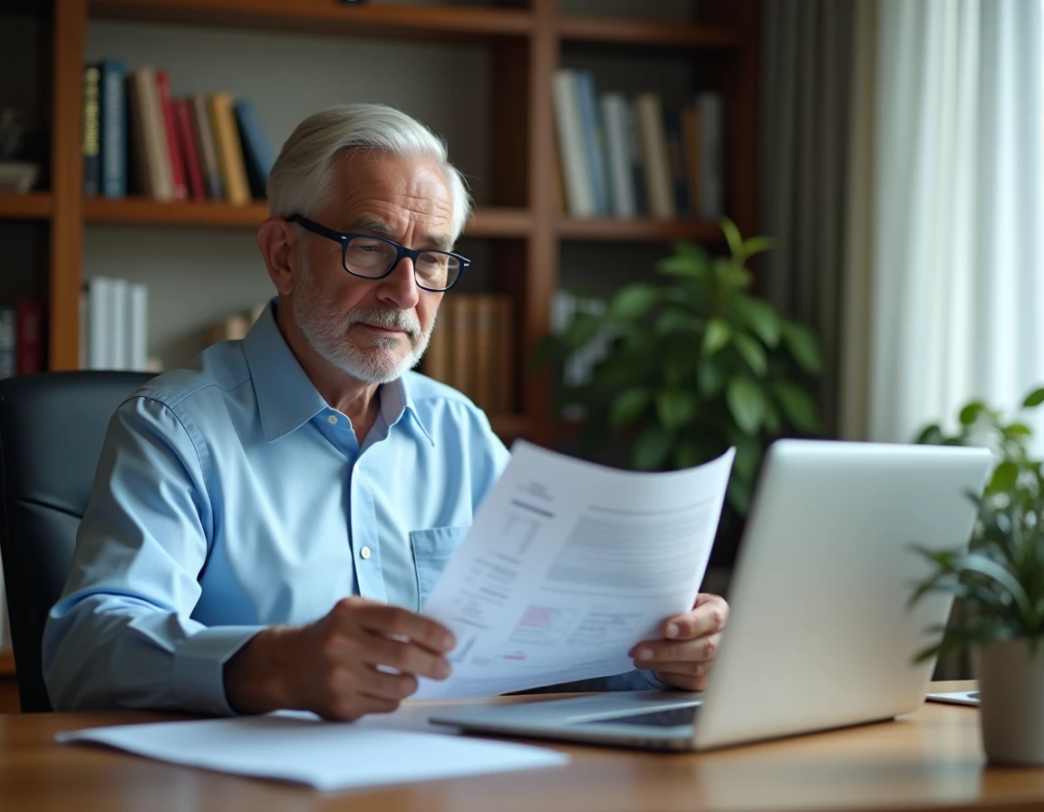 Homme senior calculant son solde de tout compte avant départ à la retraite sur un bureau en bois avec documents financiers
