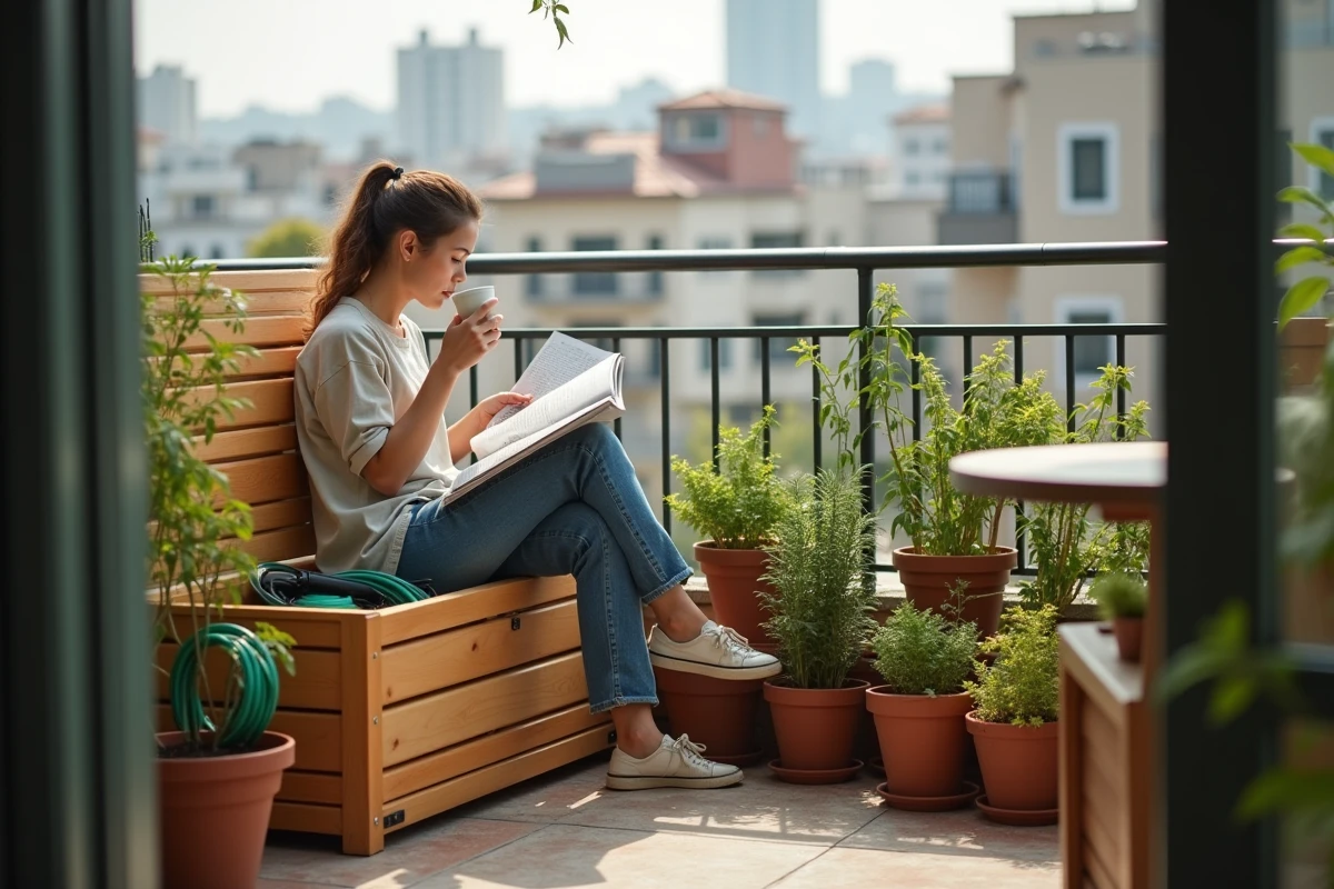 Jeune femme assise sur un coffre de jardin en bois sur un balcon urbain avec plantes en pot et vue sur toits de ville