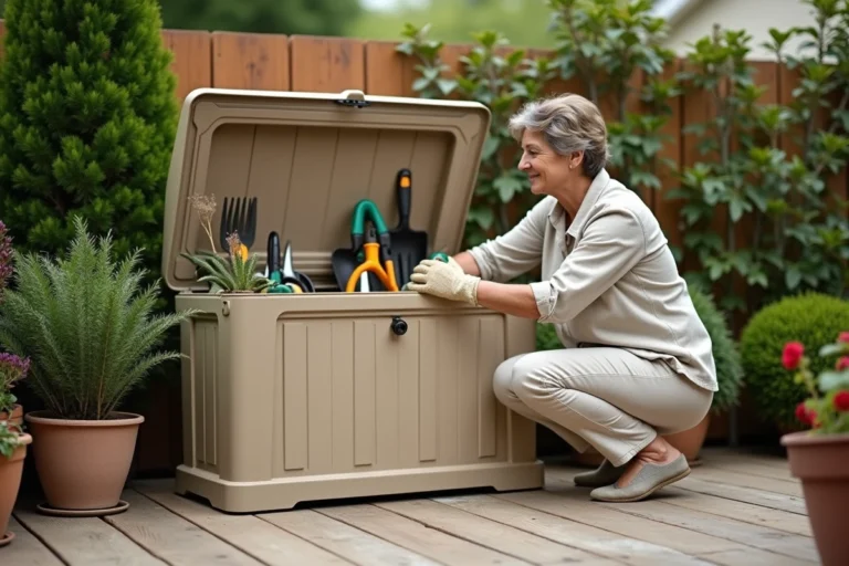 Femme ouvrant un coffre de jardin en résine beige sur une terrasse en bois avec des outils rangés à l'intérieur