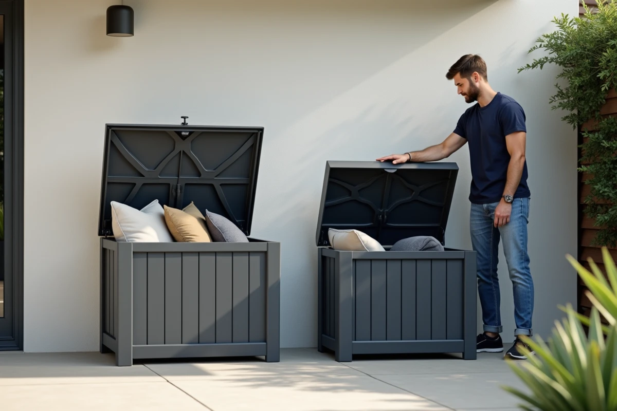 Homme inspectant deux coffres de jardin gris anthracite sur un patio béton d'une maison moderne avec coussins rangés