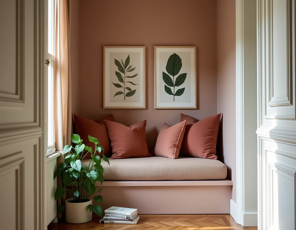 Coin lecture aménagé dans une alcôve avec banquette en bouclé et coussins en velours terracotta dans un appartement haussmannien