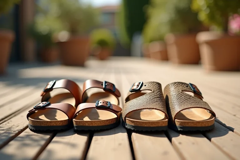 Comparaison côte à côte d'une sandale en liège style Birkenstock et d'une sandale Bayton en tissu tressé sur une terrasse en bois