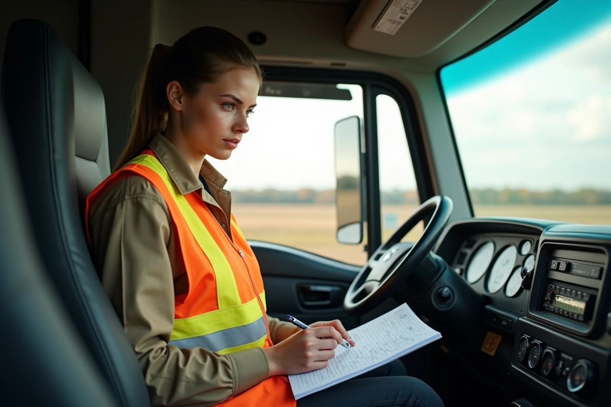 Jeune conductrice de camion notant son kilométrage dans la cabine