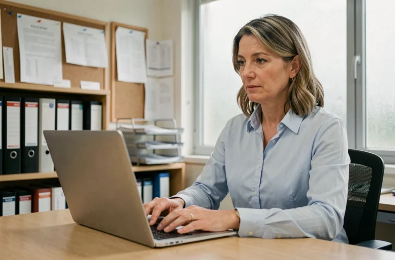 Une enseignante connectée à l'espace numérique de l'académie de Toulouse sur son ordinateur portable dans un bureau scolaire