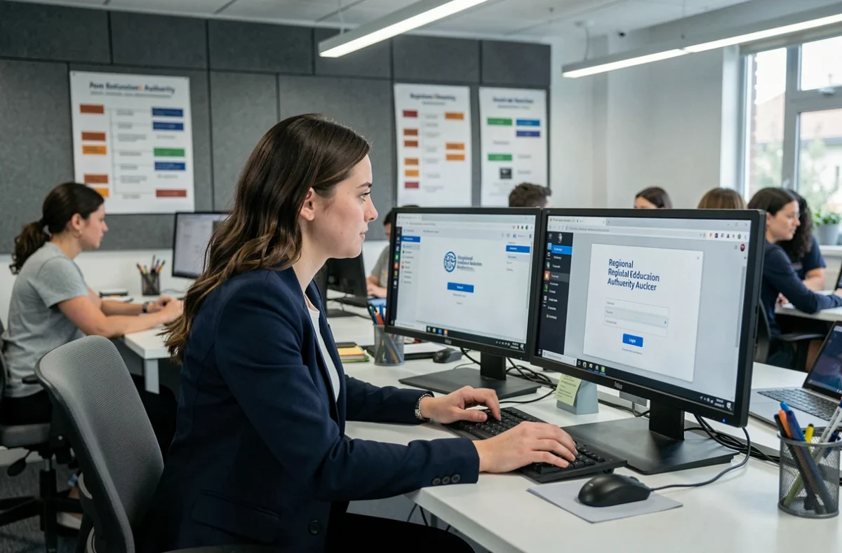Une agente administrative de l'académie de Toulouse se connectant à l'ENT Convergence depuis son poste de travail informatique en open space
