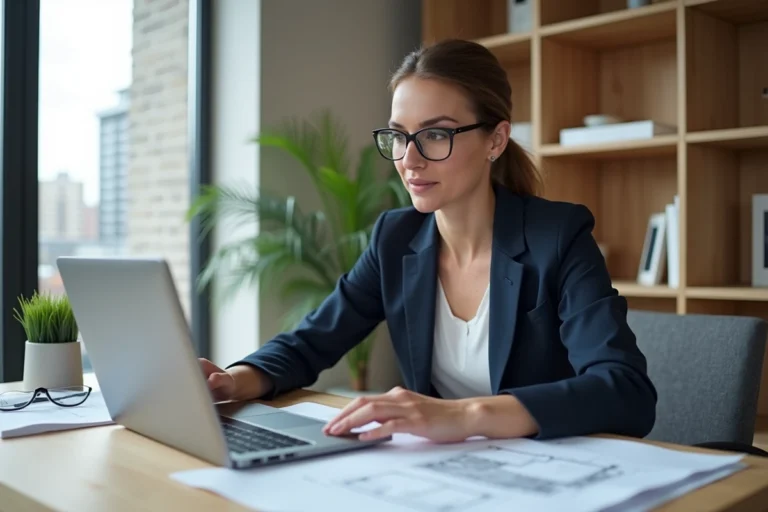 Femme professionnelle consultant des plans immobiliers sur ordinateur dans un bureau moderne