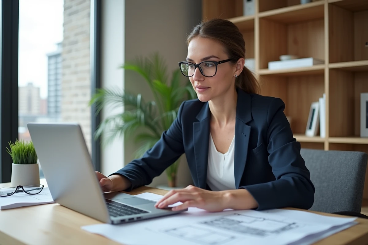 Femme professionnelle consultant des plans immobiliers sur ordinateur dans un bureau moderne