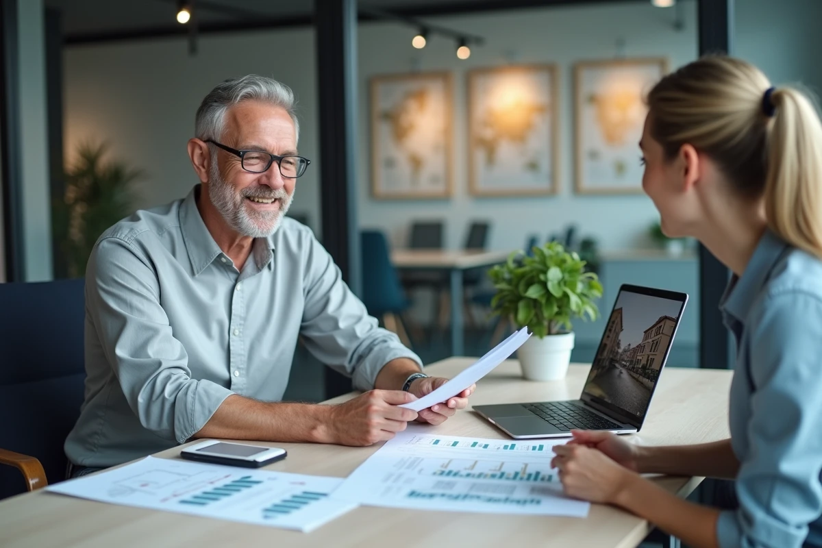 Conseiller immobilier expert guidant un client avec des outils en ligne dans une agence moderne