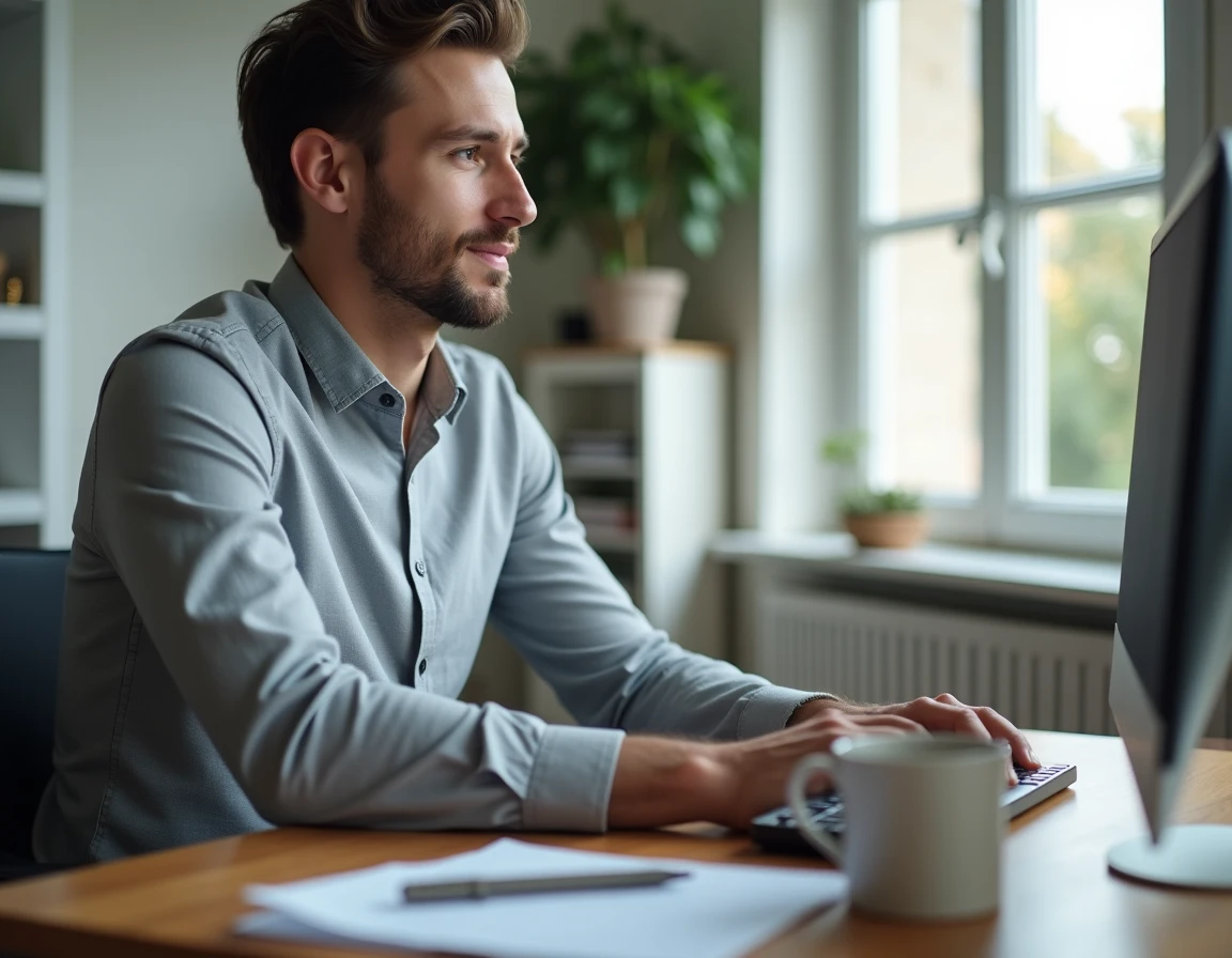 Conseiller immobilier indépendant IAD se connectant à l'intranet depuis son espace de travail à domicile