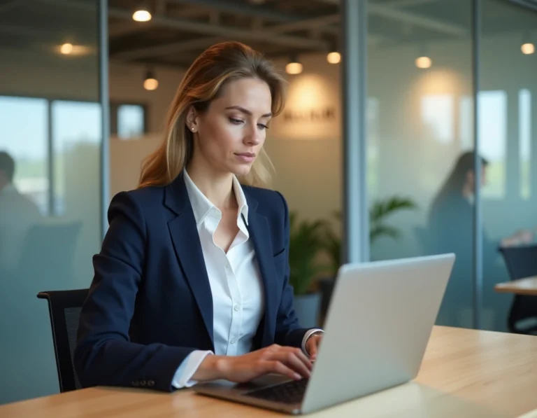 Conseillère immobilière IAD accédant à l'intranet IAD Holding sur son ordinateur portable dans un bureau professionnel