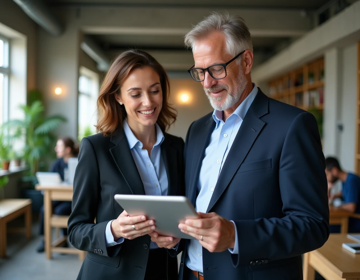 Deux conseillers IAD consultant l'intranet IAD Holding sur une tablette dans un espace de coworking moderne