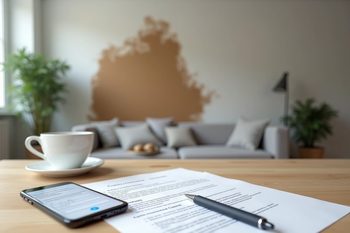 Documents d'assurance habitation posés sur un bureau avec en arrière-plan un mur taché par des dégâts des eaux au plafond