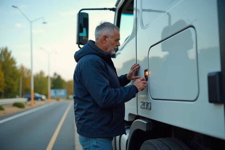 Homme vérifiant le niveau de carburant d’un camion blanc