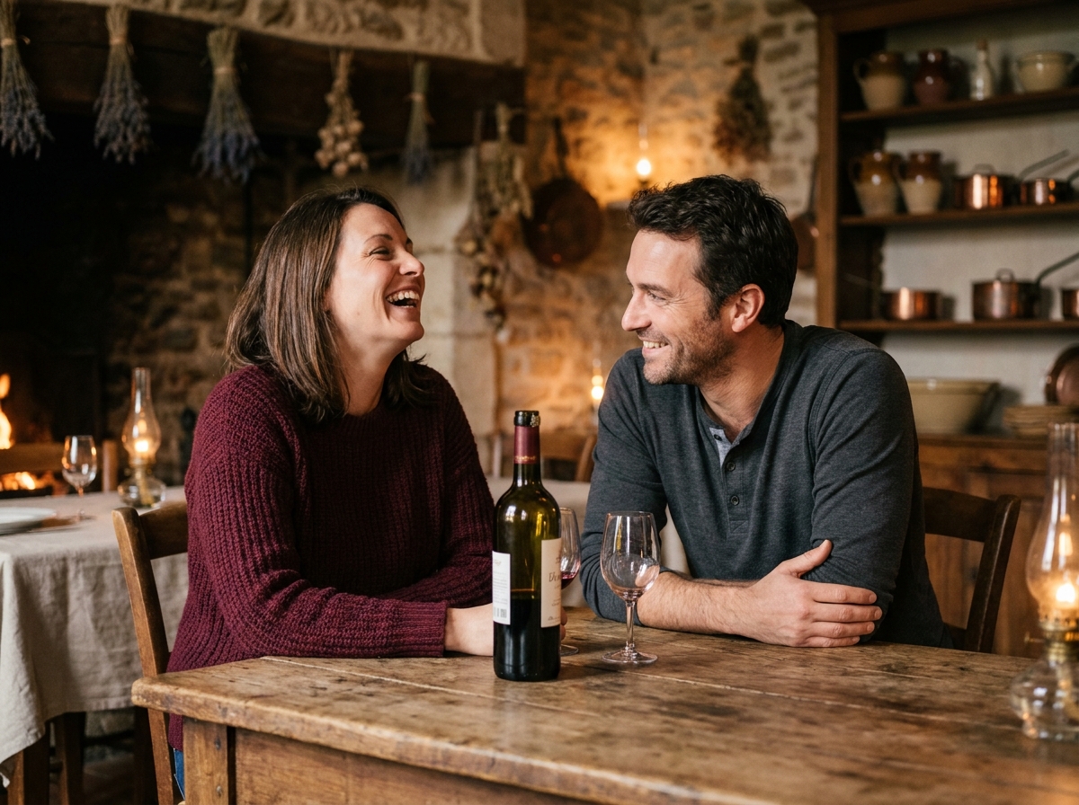 Couple d'une quarantaine d'années savourant un moment complice autour d'un verre de vin dans une auberge de campagne