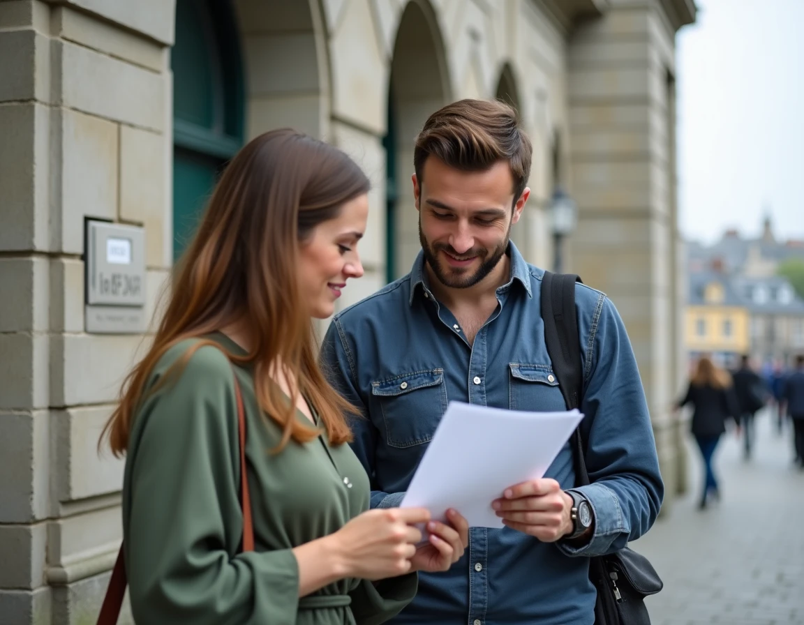 Couple vérifiant les bans de mariage devant la mairie de Saint-Malo