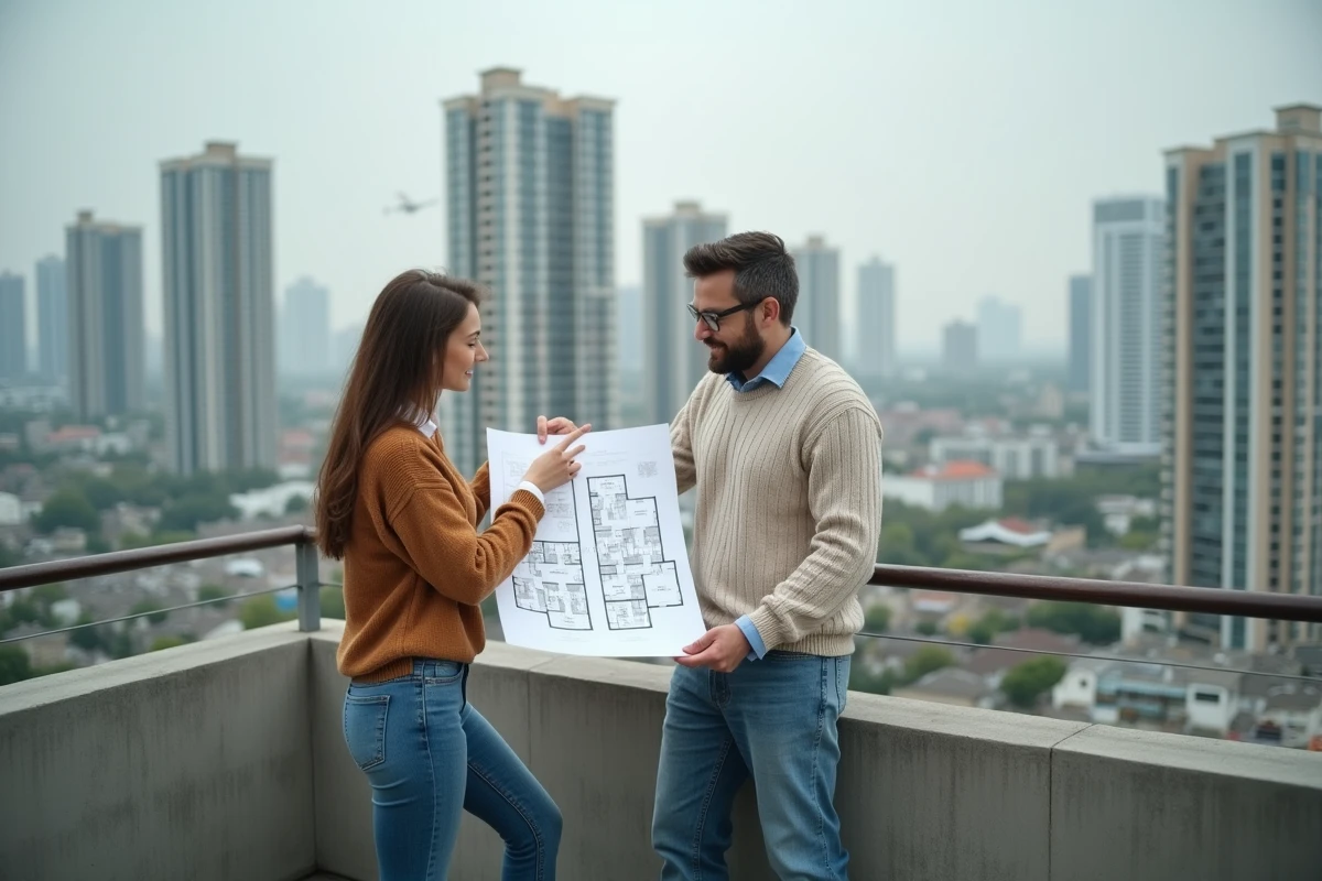 Couple examinant un plan d'appartement sur le balcon d'un immeuble en copropriété verticale avec vue urbaine