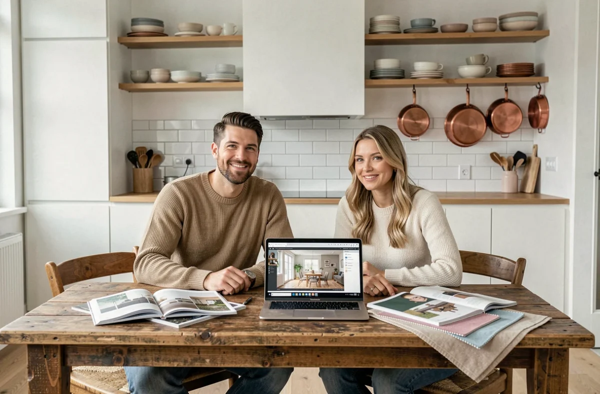 Couple planifiant la décoration de leur maison autour d'une table en bois avec magazines et échantillons de tissus dans une cuisine scandinave moderne