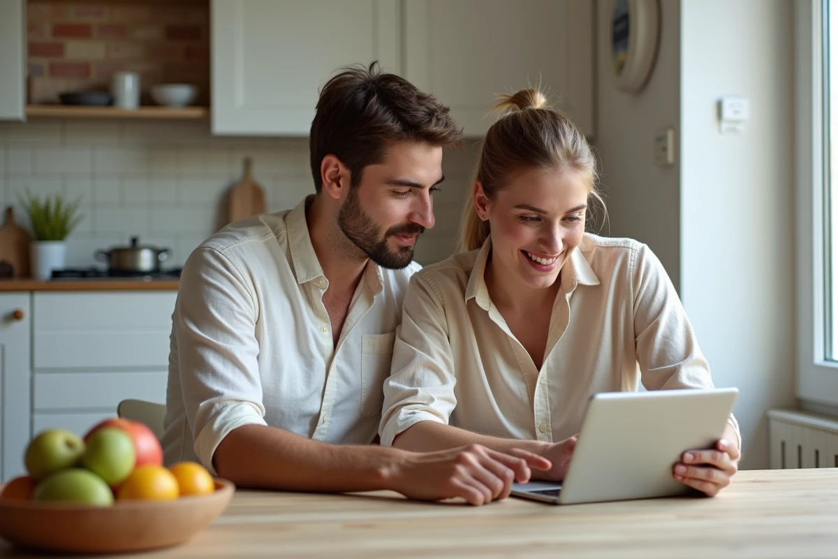 Couple consultant un projet immobilier sur tablette dans une cuisine moderne