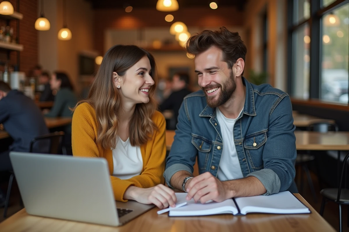 Couple discutant de projets professionnels ensemble dans un café, symbolisant l'influence de la vie amoureuse sur la carrière