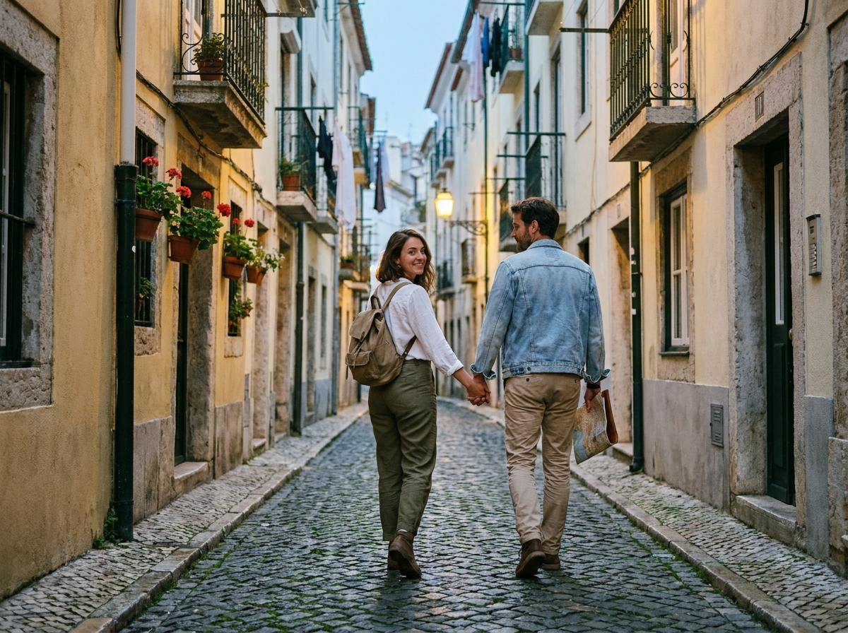 Couple de voyageurs se promenant main dans la main dans une ruelle pavée d'une vieille ville européenne