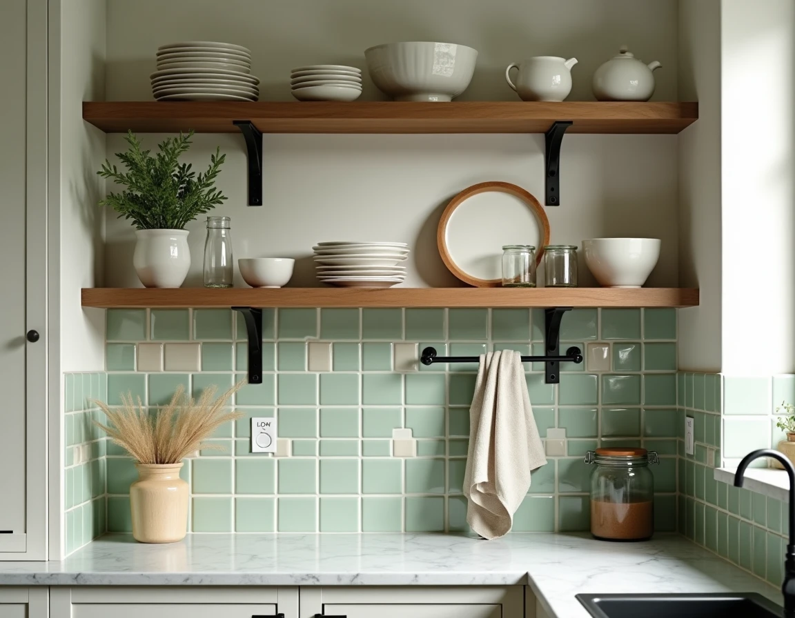 Cuisine moderne avec carrelage zellige vert sauge et étagères en bois ornées de poteries artisanales