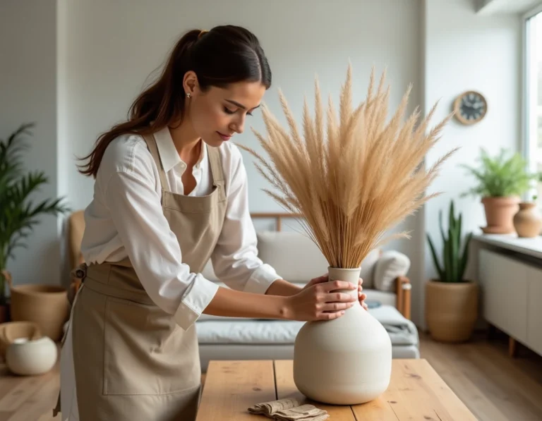 Femme arrangeant des herbes de pampa dans un vase en céramique dans un salon de style scandinave épuré