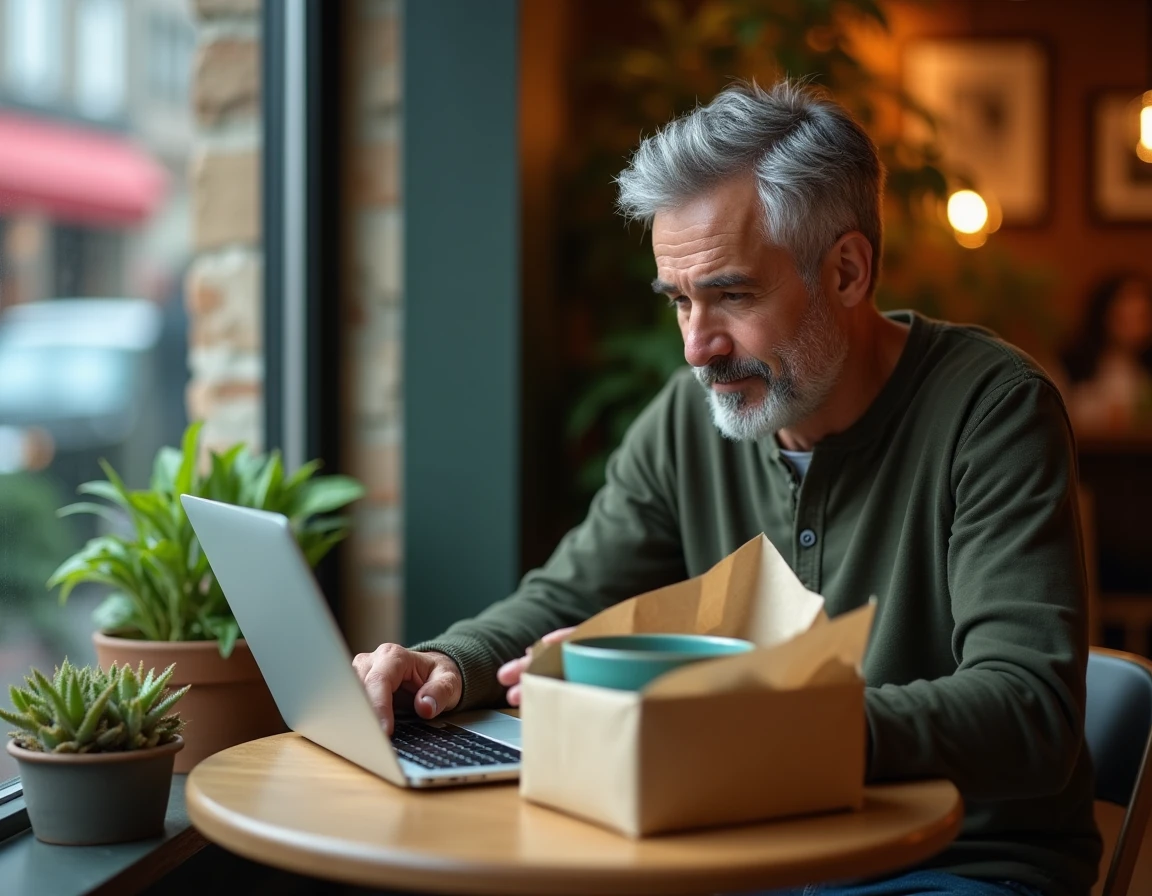 Homme découvrant une boutique en ligne artisanale sur son ordinateur portable avec un bol en céramique artisanale déballé sur la table