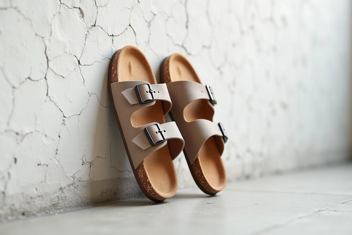 Gros plan des semelles d'une sandale Birkenstock à cambrure liège et d'une sandale Bayton à semelle plate, comparaison matières