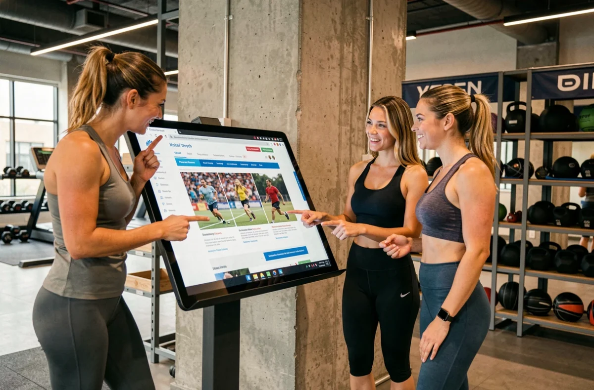 Deux femmes en tenue de sport explorant ensemble les rubriques d'un site sportif féminin sur une tablette en salle de sport