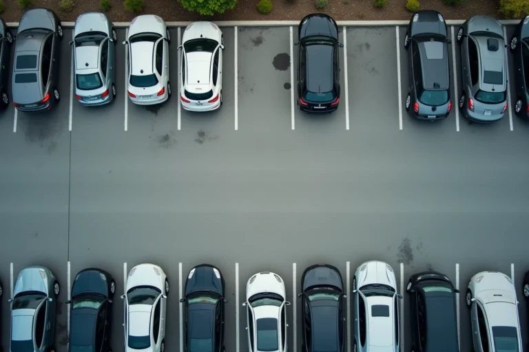 Vue aérienne d'un parking extérieur avec des places de stationnement standard délimitées par des marquages blancs au sol