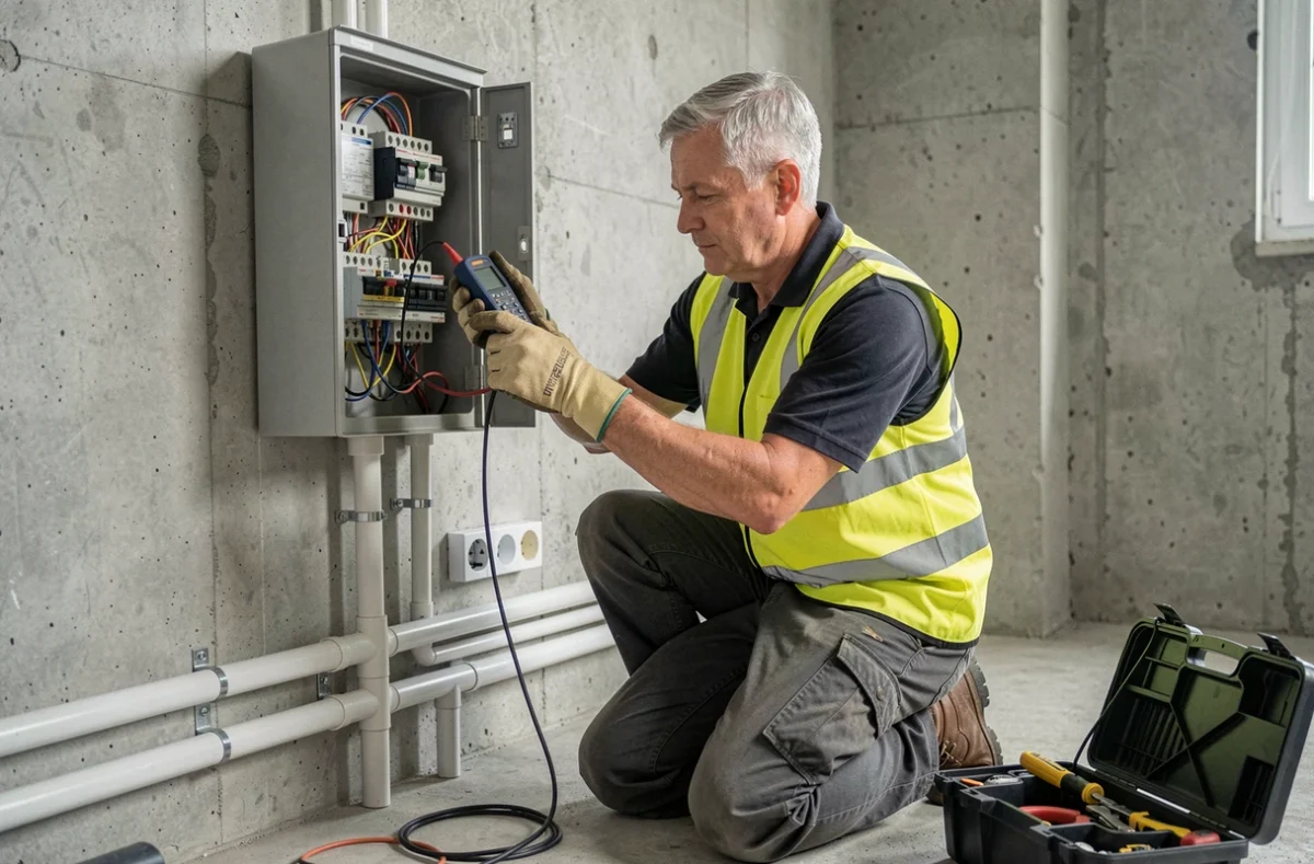 Électricien expérimenté inspectant un tableau électrique dans un appartement moderne lors d'une intervention professionnelle