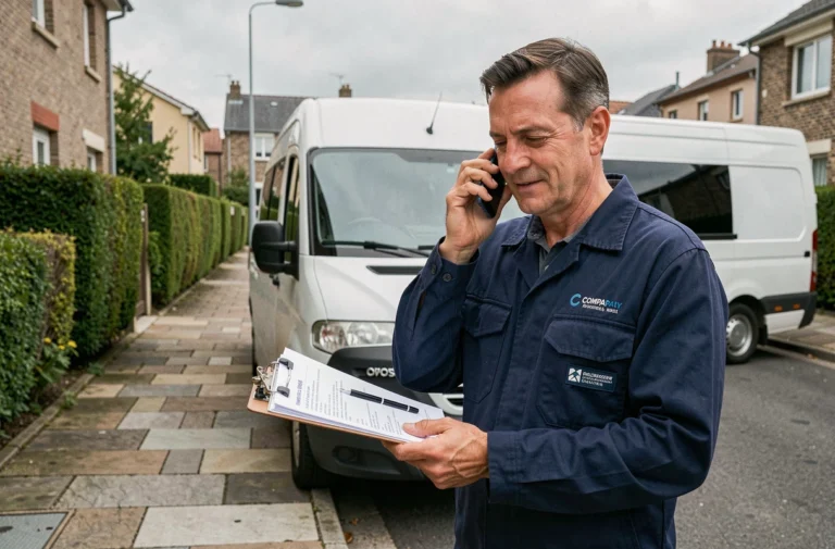 Électricien professionnel en uniforme bleu marine téléphonant près de son van blanc dans une rue résidentielle française