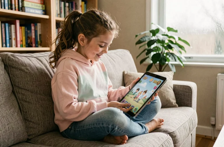 Jeune fille souriante jouant à un jeu en ligne sécurisé sur une tablette dans un salon familial confortable