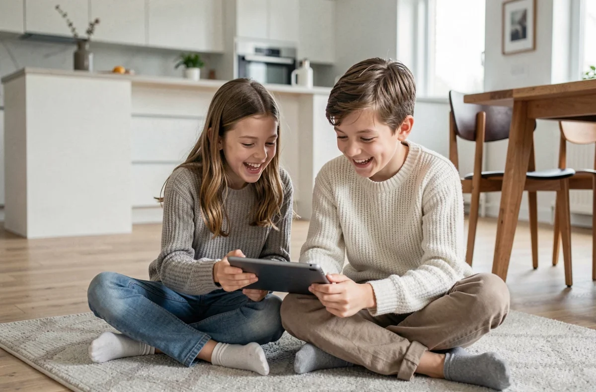 Frère et sœur jouant ensemble à un jeu en ligne sécurisé sur tablette dans un espace familial moderne