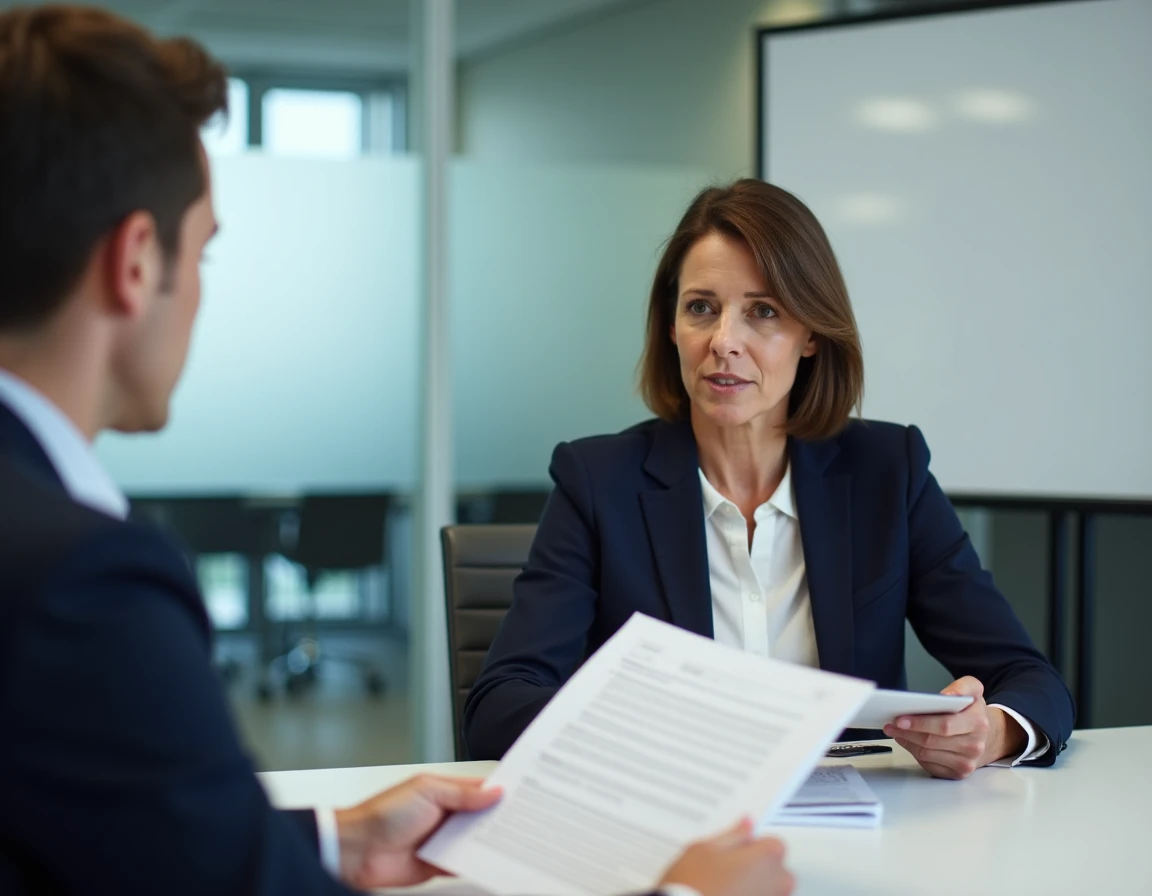 Réunion entre une employée senior et un responsable RH pour discuter du solde de tout compte lors d'un départ en retraite