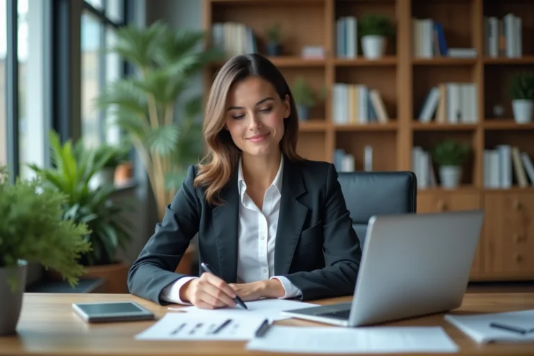 Femme confiante au bureau avec ordinateur et documents