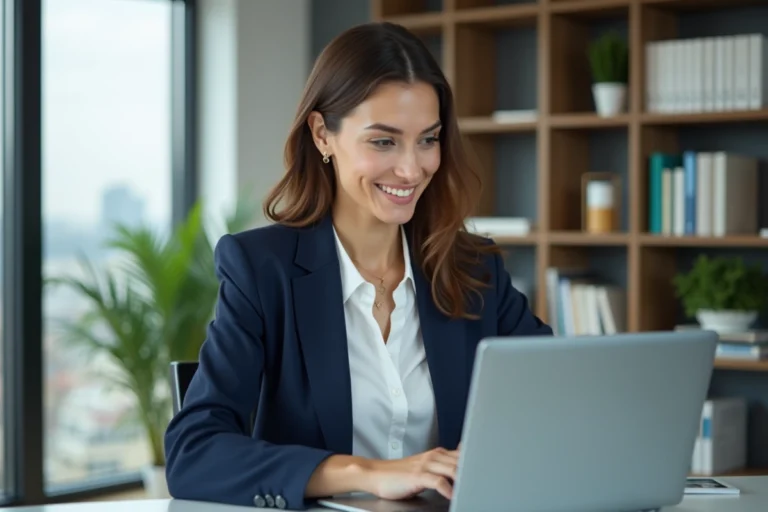 Femme professionnelle au bureau moderne avec ordinateur
