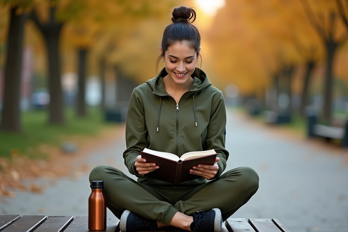 Femme consultant son carnet de programme sportif en plein air dans un parc urbain