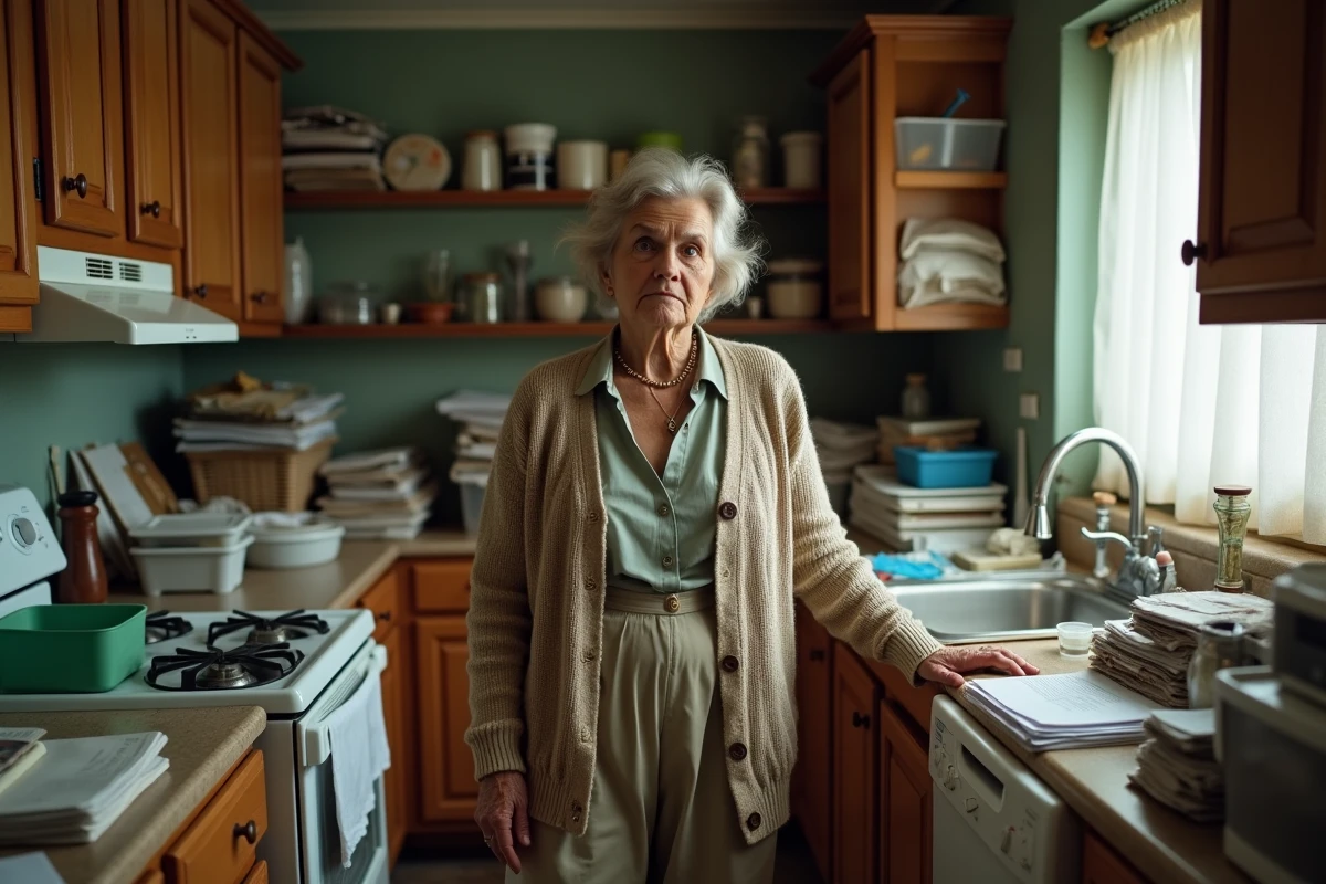 Femme d'âge mûr dans une cuisine encombrée d'objets accumulés, reflet du quotidien affecté par la syllogomanie