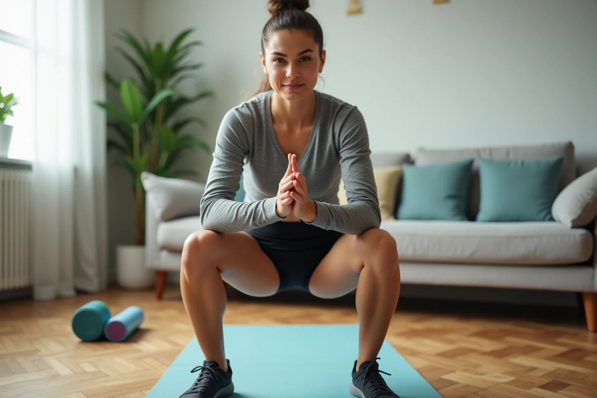Femme réalisant des squats dans un espace fitness aménagé à domicile