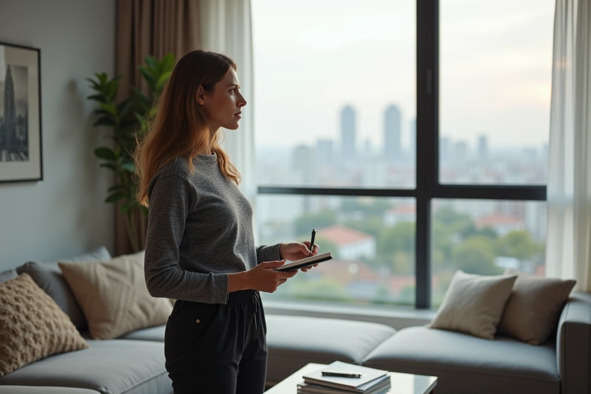 Femme inspirée prenant des notes dans son appartement moderne, réfléchissant à l'impact de sa vie de couple sur ses ambitions professionnelles