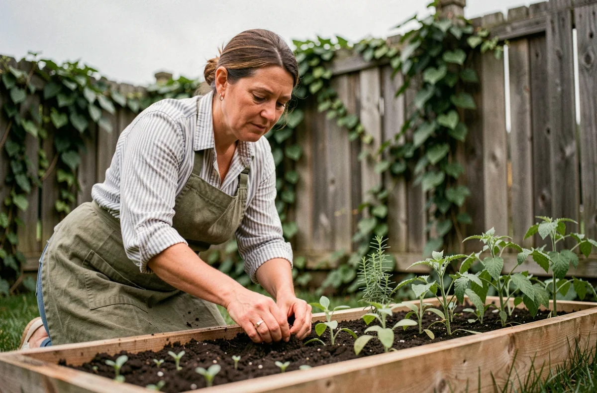 Femme jardinant dans un potager surélevé en bois, plantant des tomates et des herbes aromatiques avec soin