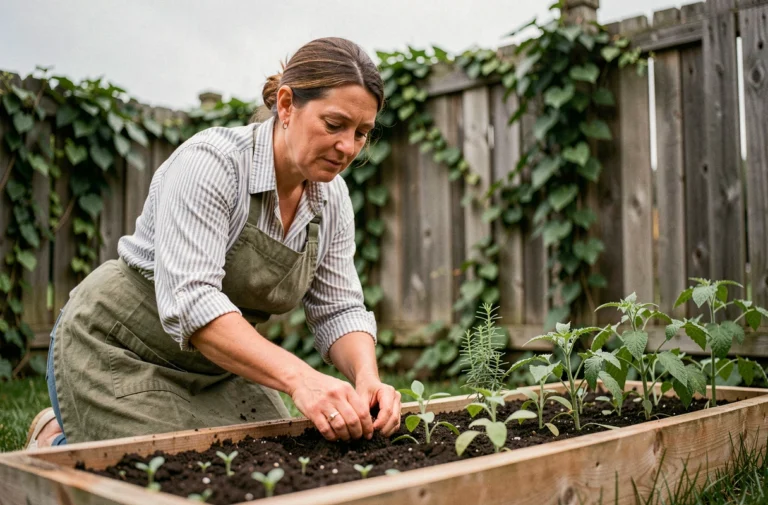 Femme jardinant dans un potager surélevé en bois, plantant des tomates et des herbes aromatiques avec soin