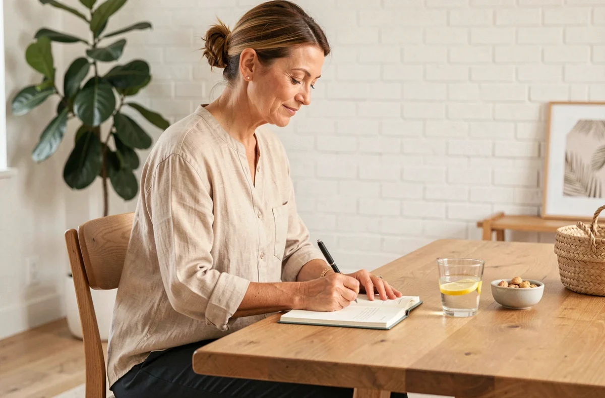 Femme tenant un journal de bien-être et adoptant de bonnes habitudes pour mincir durablement