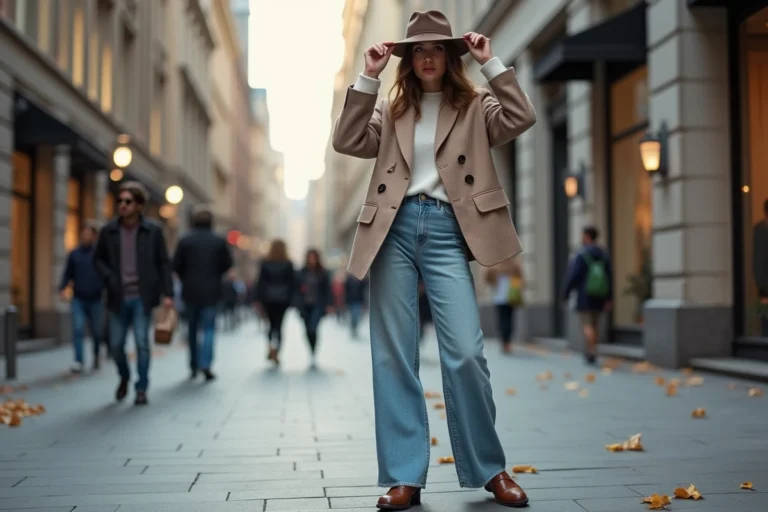 Femme élégante en blazer dans une rue urbaine dynamique