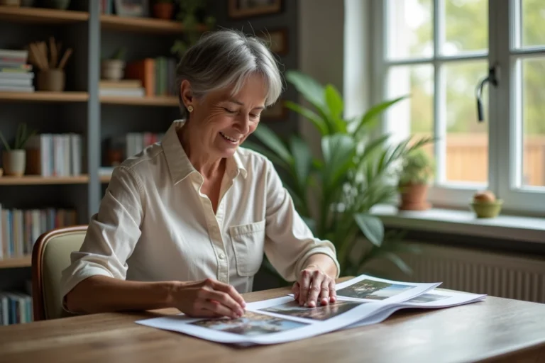 Femme d'âge moyen arrangeant des photos sur une table en bois